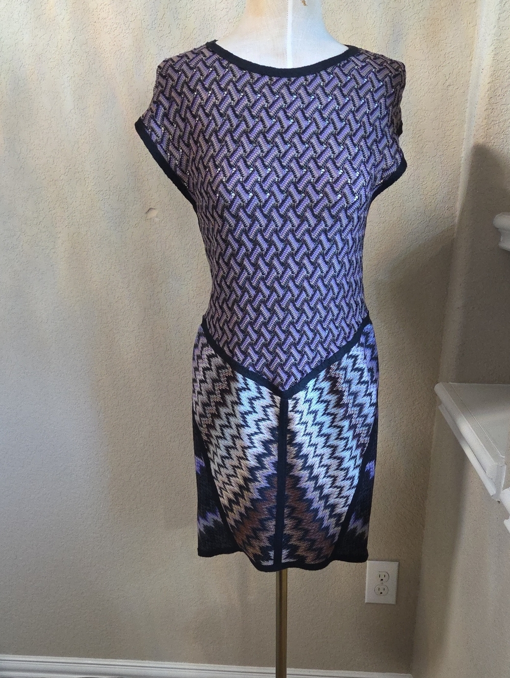 Purple Patterned Knit Mini Dress - Ladies Short Sleeve